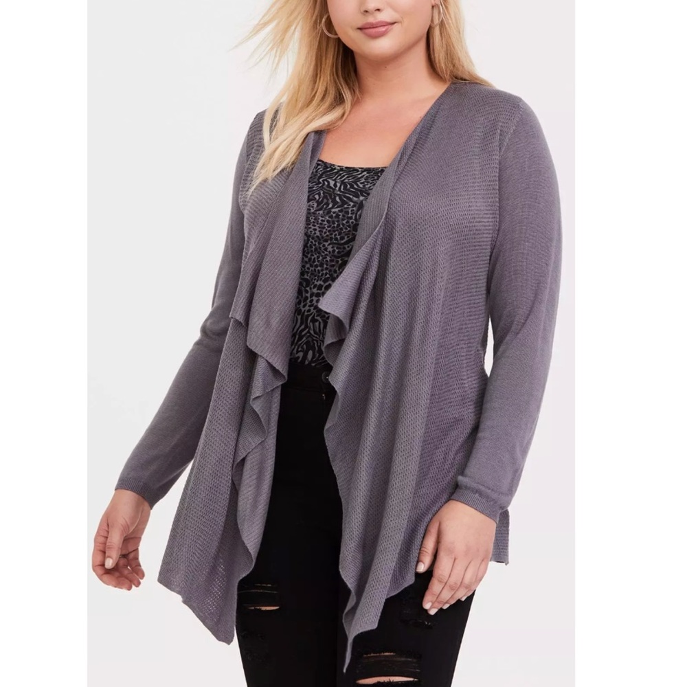 TORRID 3 Plus Size Cardigan Drape Front Sweater Gray Grey Open Mixed Knit Boho